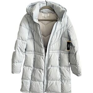 Calvin Klein Womens Long Puffer Coat Baby Blue NWT MSRP$300 Modern Urban Classic
